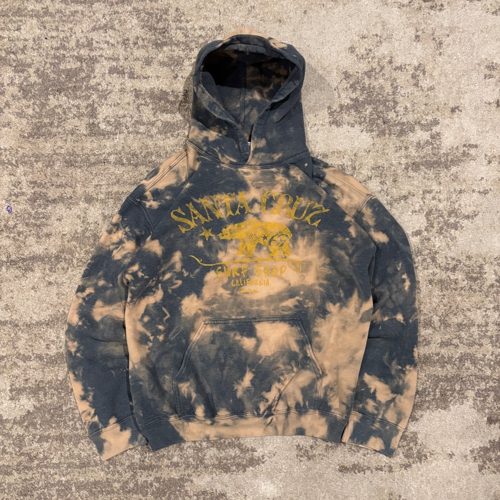 VTG Gildan Y2K Tie Dye Santa Cruz California Surf Shop Tan Black Yellow Hoodie